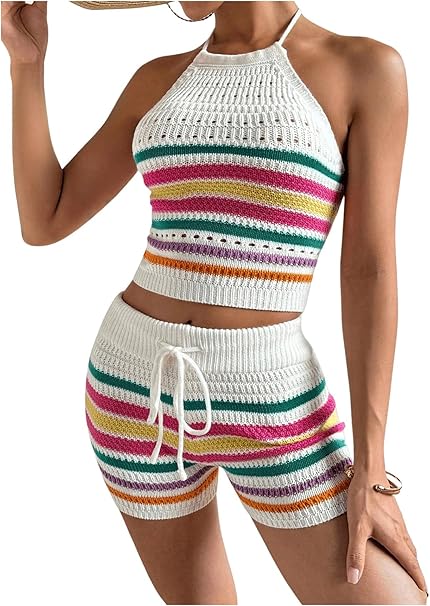 Photo 1 of (L) Women's 2 Piece Outfits Striped Halter Camisole Tops and Drawstring Shorts Set Knit Vacation Outfits