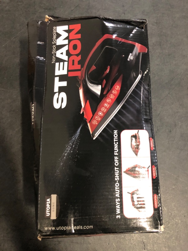 Photo 1 of Utopia Home Steam Iron for Clothes - Non-Stick Soleplate - 1800W Clothes Iron With Auto-Off Safety Feature - Adjustable Thermostat Control, Variable Steam Control, Self-Clean, 8 Feet Cord (Black/Red)
