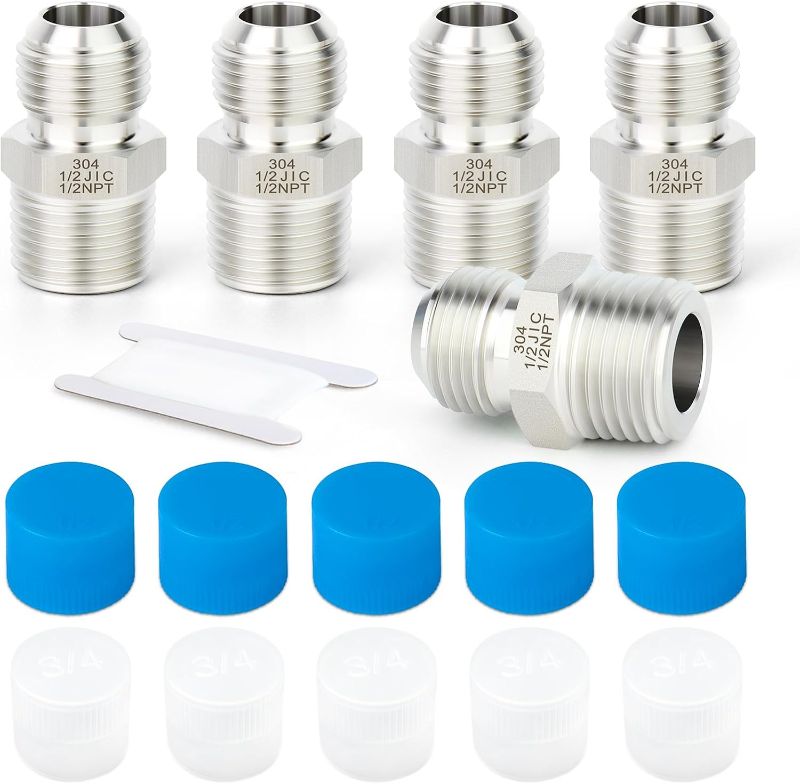 Photo 1 of TAISHER 5PCS Forging of 304 Stainless Steel JIC Flare Tube Fittings, 1/2" JIC Male x 1/2" NPT Male, Half Union