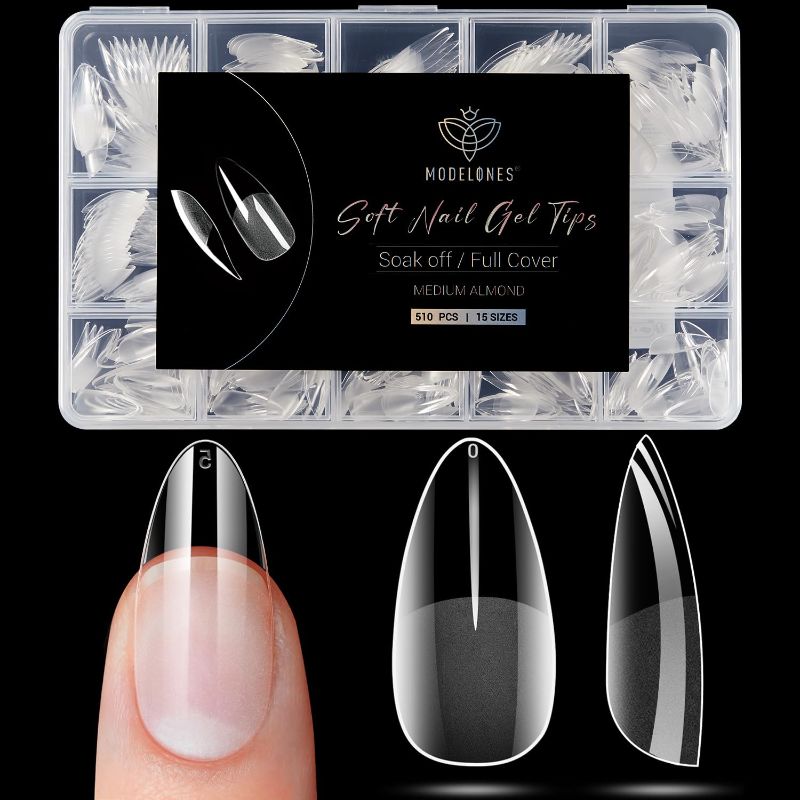 Photo 1 of Modelones Almond Fake Nail Tips -510Pcs Medium Soft Gel Nail Tips Almond Shape Pre Etched Half Matte Full Cover Clear Acrylic Gel Kit False Press on for Extension Manicure Salon DIY at Home 15 Sizes