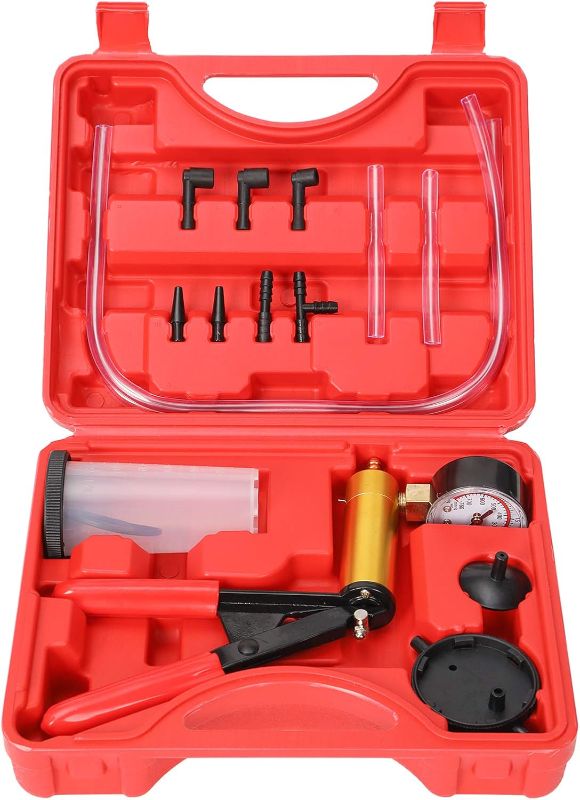 Photo 1 of Brake Bleeder Kit with Hand Vacuum Pump with Gauge Adapters Automotive Brake Fluid Bleeding Set for Bike Car Truck (red)