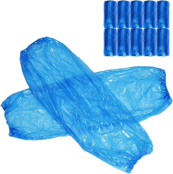 Photo 1 of 100Pcs Disposable Arm Sleeves Covers 15 Inch Blue Plastic Protective Sleeves for Working Handling Tattoo Painting Cleaning