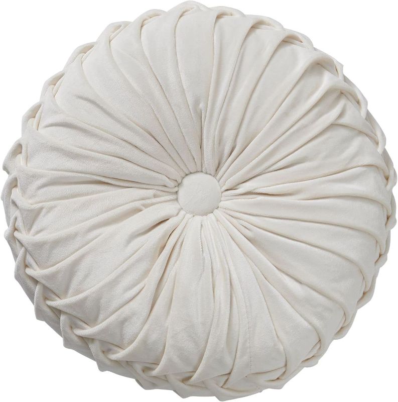 Photo 1 of MOJUN Velvet Throw Pillow - Round, Pleated, Filled - Home Decorative Pillow for Couch, Chair, Bed, Car, Floor (White, 14inch)