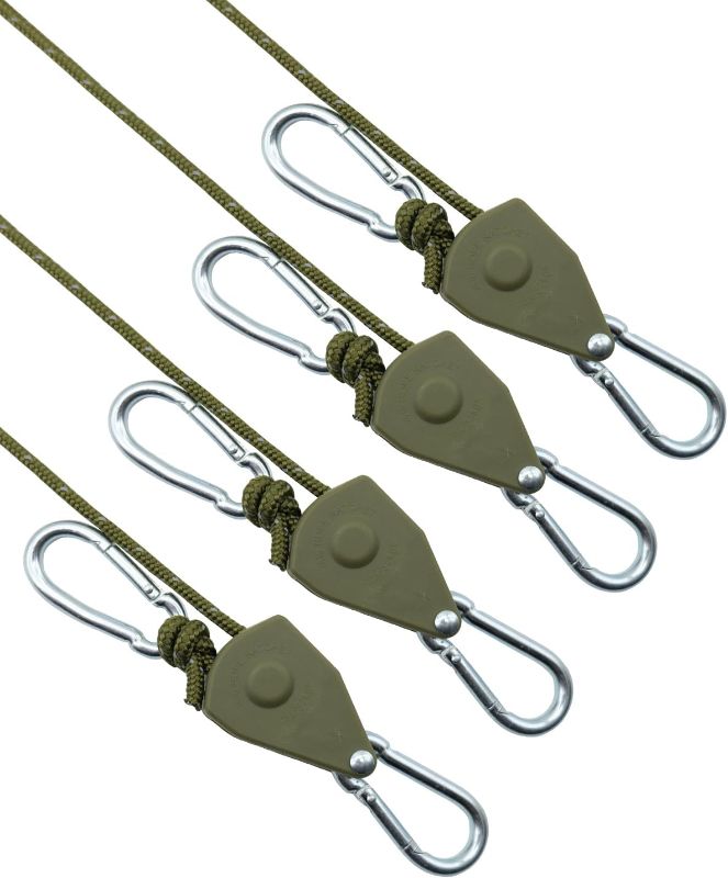 Photo 1 of 4Pack Retractable Ratchet Tie Down Straps, 13 Ft 1/8” Adjustable Rope Hanger, Heavy Duty Ratcheting Pulley System with 2 Carabiner Hook, for Tent, Hanging Plants, Grow Lights,Army Green