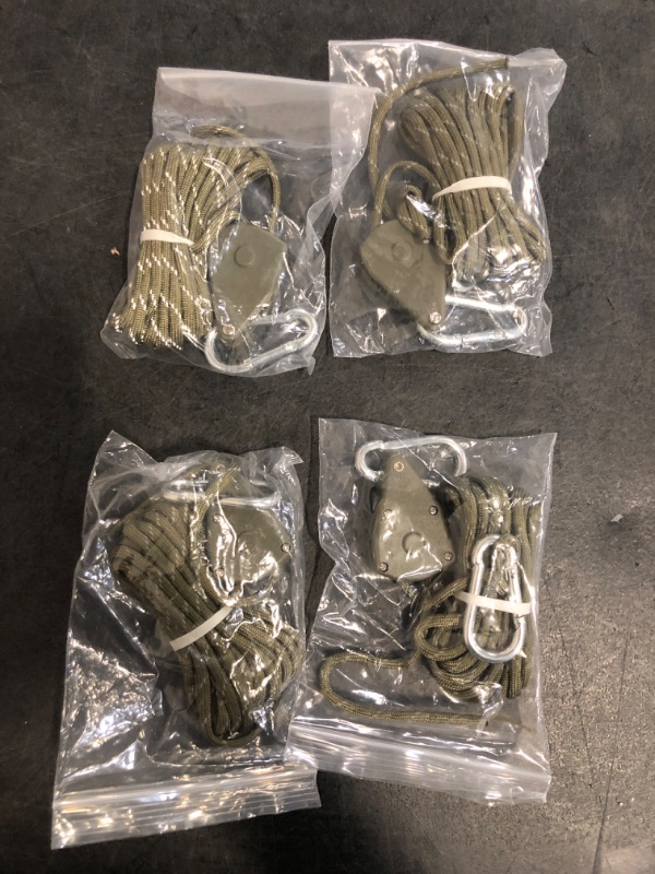 Photo 1 of 4Pack Retractable Ratchet Tie Down Straps, 13 Ft 1/8” Adjustable Rope Hanger, Heavy Duty Ratcheting Pulley System with 2 Carabiner Hook, for Tent, Hanging Plants, Grow Lights,Army Green