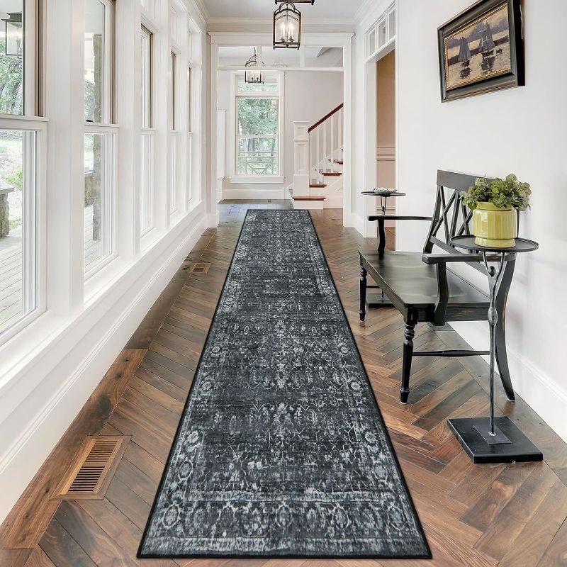 Photo 1 of Black Vintage Carpet Runners for Hallway 12ft,Washable Long Runner Rug for Entryway Indoor Floor Non-Slip,Distressed Super Soft Throw Carpet for Farmhouse Dining Room Playroom