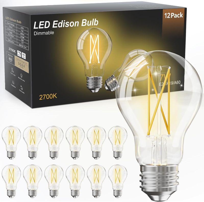 Photo 1 of TJOY 12 Pack A19 Vintage LED Edison Bulbs, Dimmable, 60W Equivalent, High Brightness 2700K Warm White, 7W E26 Standard Base, 800 Lumens, CRI80+, Clear Glass Filament Bulb for Home, Farmhouse