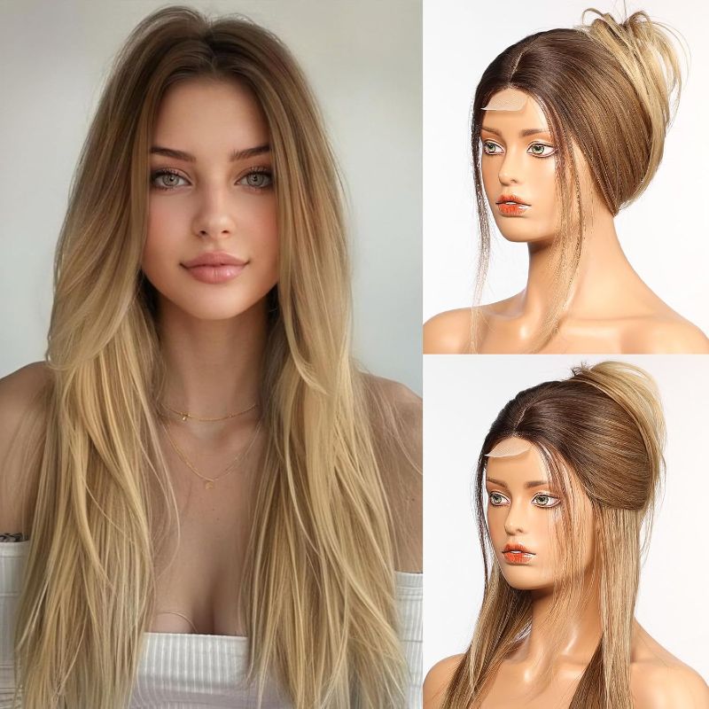 Photo 1 of EMMOR Long Layered Wigs,Natural Central Lace Bob, Premium Heat-Resistant Synthetic Straight Wigs for Women Daily Use(Ombre Blonde)