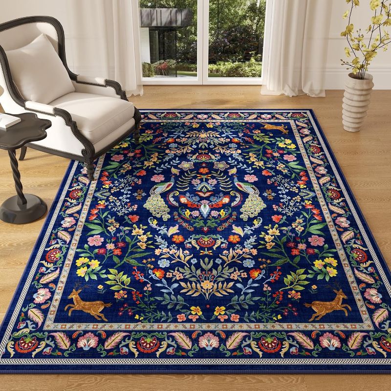 Photo 1 of Area Rug 4x6 Rug Washable Rugs Floral Non Slip Low Pile Small Carpet for Bedroom, Bedside, Kids Room, Office, Dining Room(Blue)