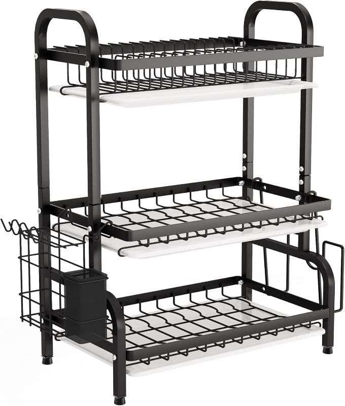 Photo 1 of *Missing One Rack* 1Easylife Drying Rack, Metal 3-Tier Large Capacity Dish Rack with Utensil Holder, Cutting Board Holder, Drain Board Tray for Kitchen Counter Storage (Black)
