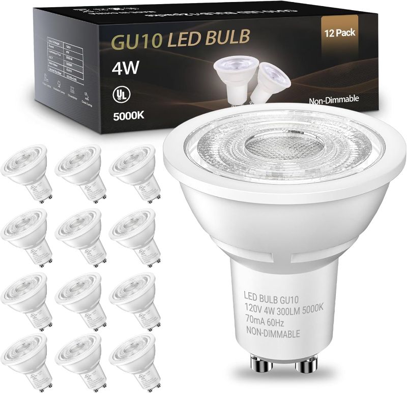 Photo 1 of TJOY LED GU10 Light Bulbs, GU10 Non-Dimmable Replacement for Recessed Track Lighting, 5000K Daylight White, 4W Equivalent 35W, 300LM, MR16 LED Bulb for Living Room, Range Hood, 12 Pack