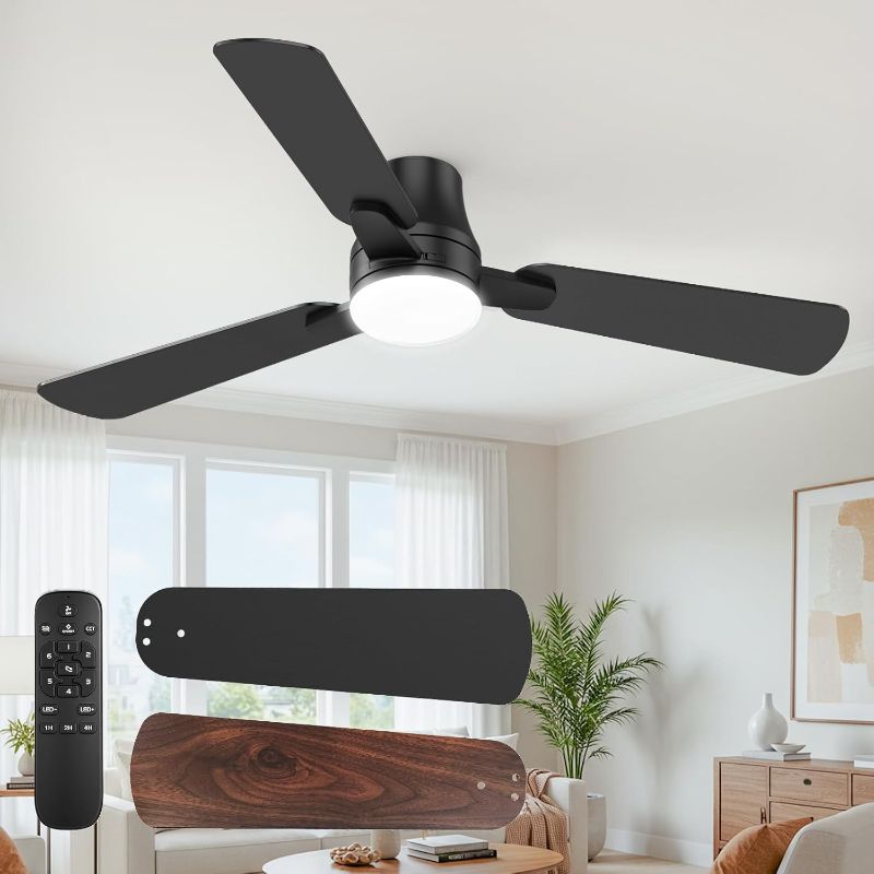 Photo 1 of Ceiling Fans with Lights and Remote: 42 Inch Modern Black Ceiling Fan, Low Profile Flush Mount, Quiet Reversible DC Motor & 3CCT Dimmable LED for Bedroom Living Room Kitchen Indoor Outdoor