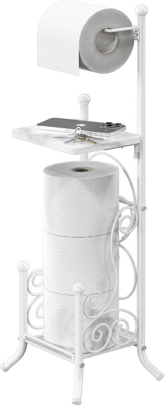 Photo 1 of Simple Houseware English Style Bathroom Toilet Tissue Roll Holder Stand with Shelf, White