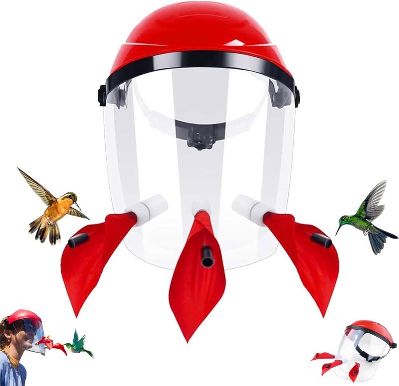 Photo 1 of 2 pack Hummingbird Feeder Helmet | Hands-Free Outdoor Bird Feeder | 3 Feeding Ports | Adjustable Headband | Lightweight & Durable PVC, Red