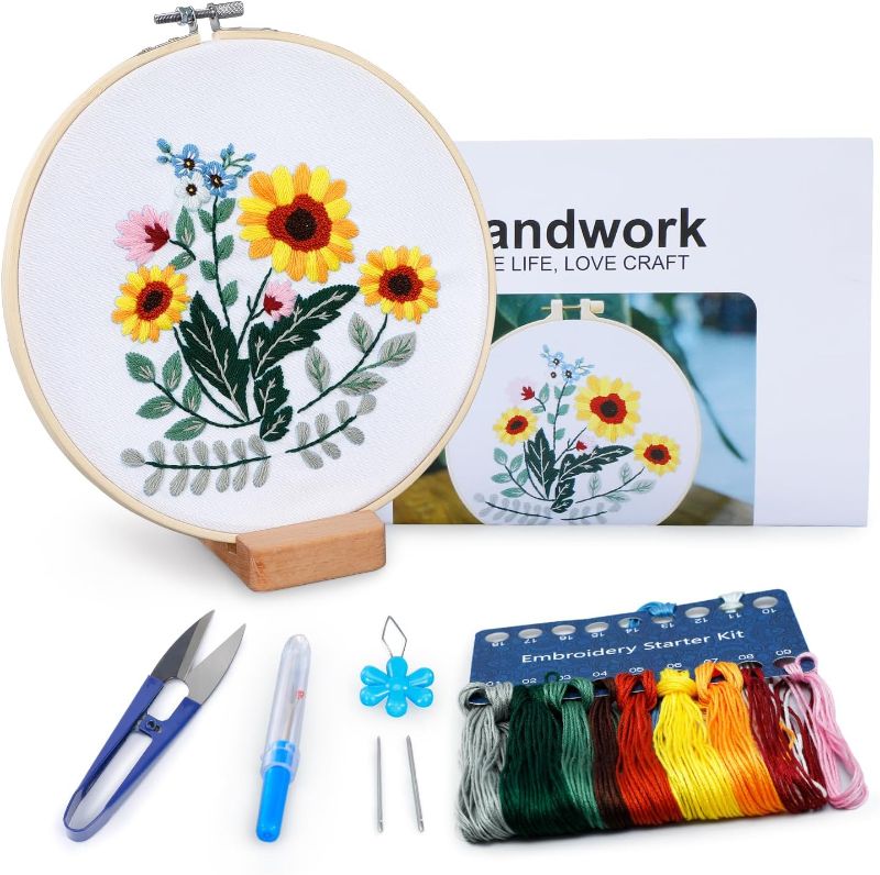 Photo 1 of Different Picture to Sew** Embroidery Kit for Beginners, Flowers and Leaves Embroidery Practice Kit, Hand Floral Embroidery Starter Kit for Adults with Video Step by Step Instructions, Hoops, Threads and Needles