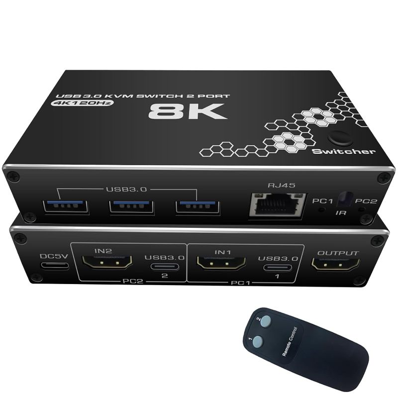 Photo 1 of 4K/120HZ HDMI KVM Switch, USB 3.0 Switcher, KVM Switcher Support 8K@30Hz, 4K/120HZ, 1080/240HZ, 2 Computers Share 3 USB Hub Keyboard Mouse Switch and 1 RJ45 Ethernet Switch with Remote Control