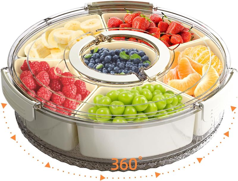 Photo 1 of Divided Serving Tray with Lid and Handle, Stackable Snackle Box Container for Fruits Candy Organizer, Portable Spinning Rounded Veggie Tray for Kitchen, Party, Trave and Picnic-1 PACK