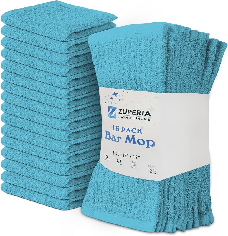 Photo 1 of ZUPERIA Premium Bar Mop 16 Pack (12 x 12) - 100% Cotton Cleaning Towels Made with Ribbed Design for Quick and Easy Cleanups - Everyday Kitchen and Dish Towels (Aqua, 12" x 12" - Pack of 16)