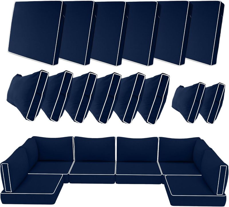 Photo 1 of 14 Piece Outdoor Patio Cushion Covers Replacement, Waterproof Outdoor Furniture Cushion Covers, Fit 7 Pcs 6 Seater Wicker Rattan Conversation Sofa Set, Navy Blue+White Piping(Only Cover) 25.6x25.6"