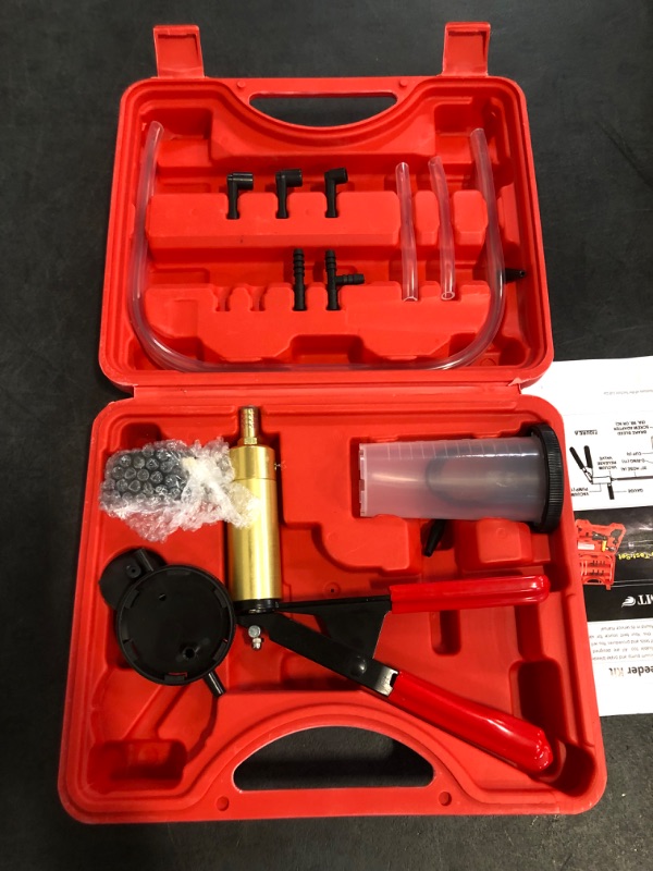 Photo 1 of Brake Bleeder Kit with Hand Vacuum Pump with Gauge Adapters Automotive Brake Fluid Bleeding Set for Bike Car Truck (red)