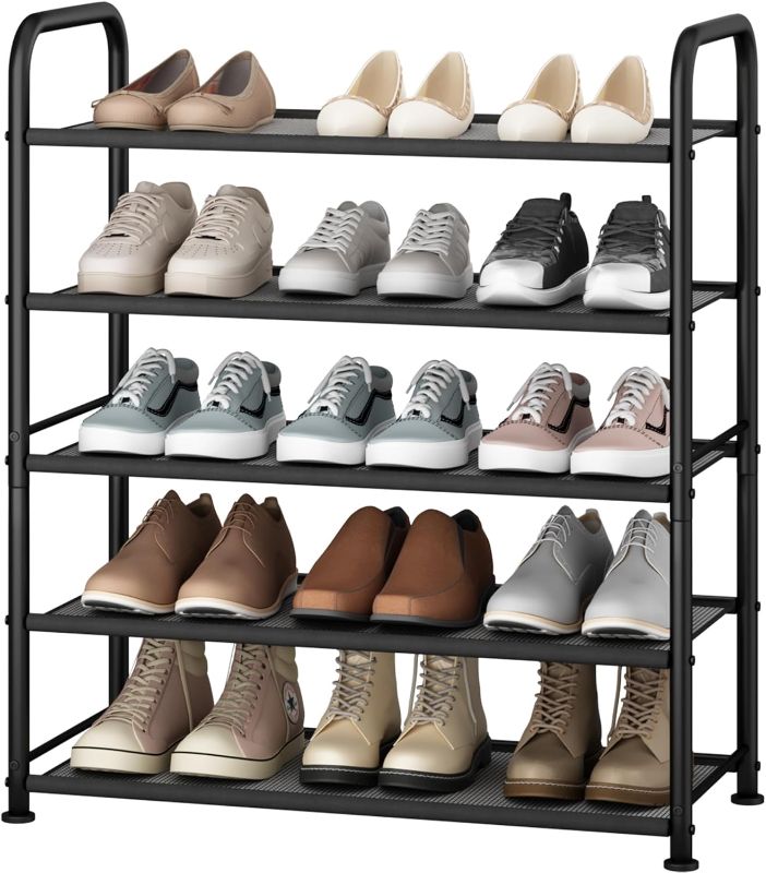 Photo 1 of STO STO 5-Tier Shoe Rack with Sturdy Mesh Shelves, Heavy Duty Metal Shoe Organizer for Entryway, Closet, Garage, Front Door, Holds 15 Pairs, Free Standing Shoe Storage Shelf, Adjustable Feet, Black
