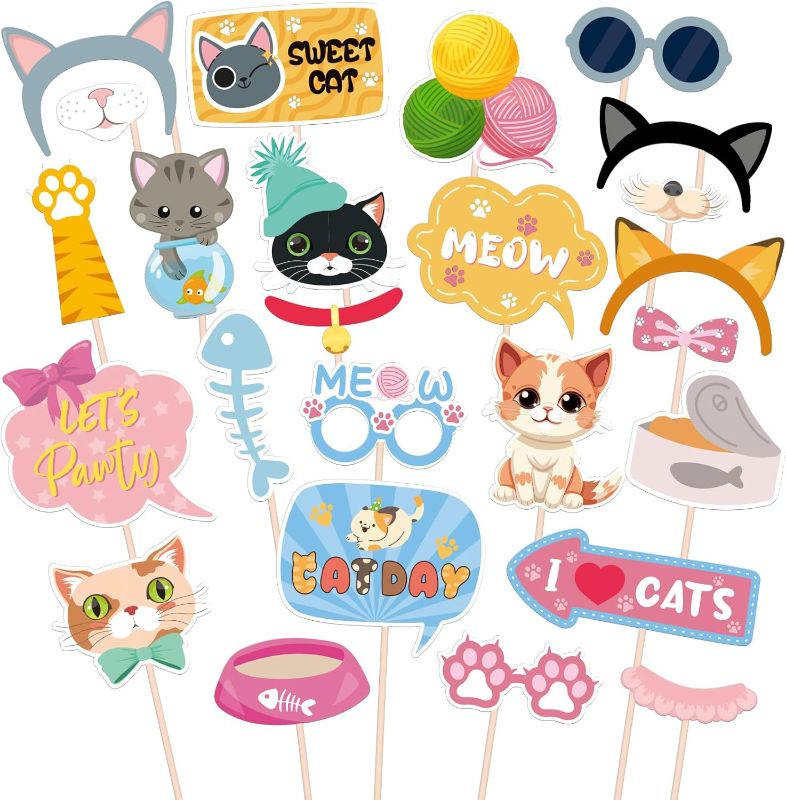 Photo 1 of Maicaiffe Cat Photo Booth Props - 25 Pcs Kitten Mewoday Party Selfie Props Favors Supplies - Baby Shower Pet Cat Birthday Party Centerpiece Sticks - Let's Pawty Party Decorations