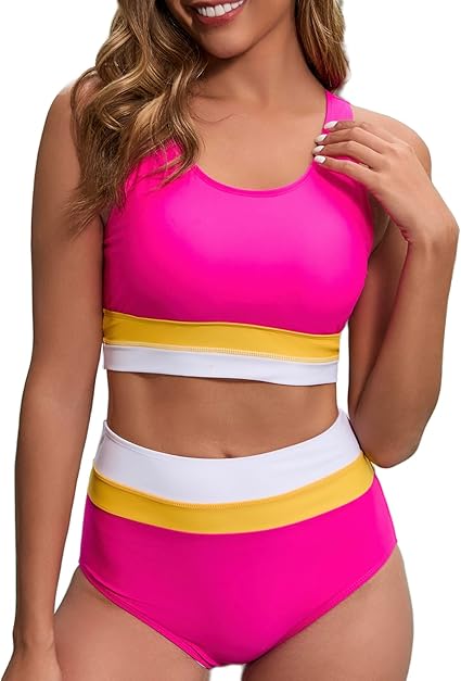 Photo 1 of (XL) Women's High Waisted Bikini Sets Two Piece Swimsuit Color Block Sporty Athletic Moderate Coverage Bathing Suits