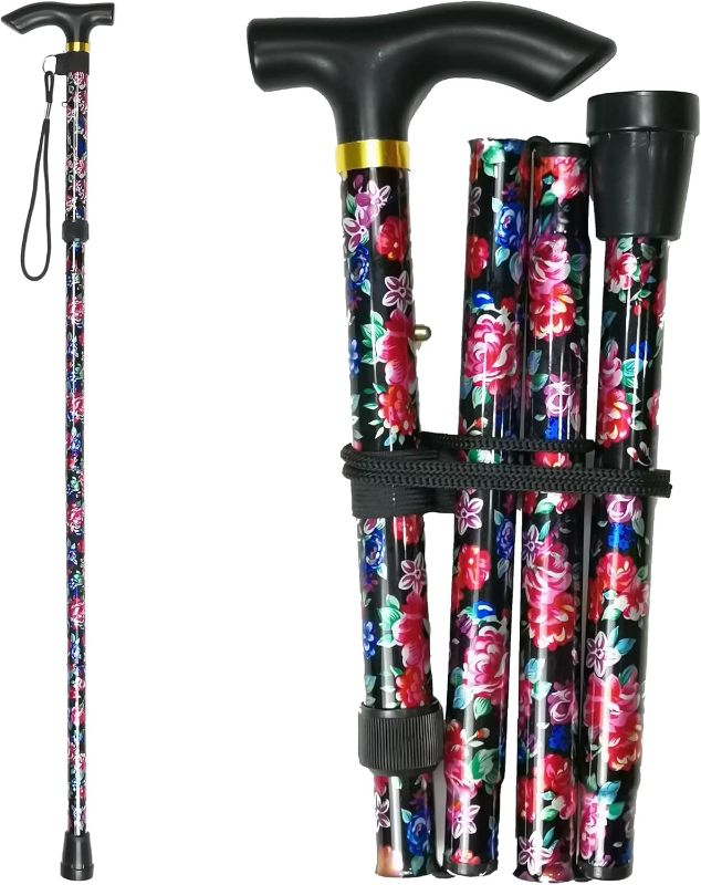 Photo 1 of Folding Cane, 5-Level Adjustable Height Lightweight Portable Foldable Walking Canes with Wrist Strap and T Handle for Men Women Seniors