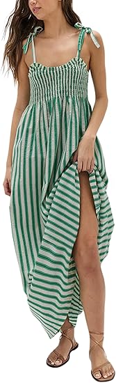 Photo 1 of (S) Lentta Women's Striped Smocked Maxi Dress Causal Spaghetti Strap Stretchy Flowy Swing Long Dress with Pockets