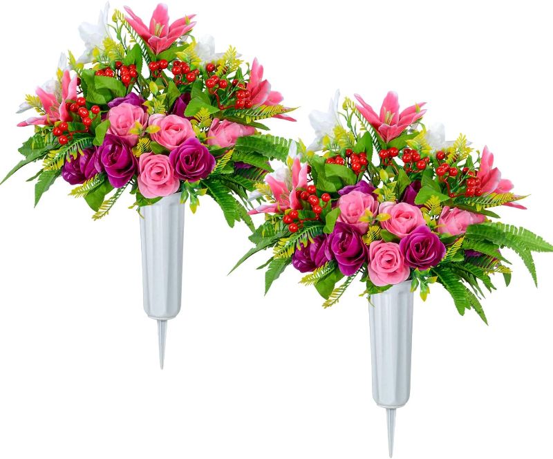 Photo 1 of XONOR Artificial Cemetery Flowers with Vase, Set of 2 Artificial Rose Lily Bouquet Graveyard Memorial Flowers for Cemetery Headstones Decoration