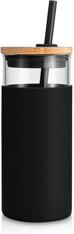 Photo 1 of Tronco 20 oz Glass Tumbler with Lid and Straw, Reusable Iced Coffee Cup with Silicone Sleeve & Bamboo Lid, Smoothie Cup for Home, Office, for Father Men Day Gift from Wife Daughter Son (Black)