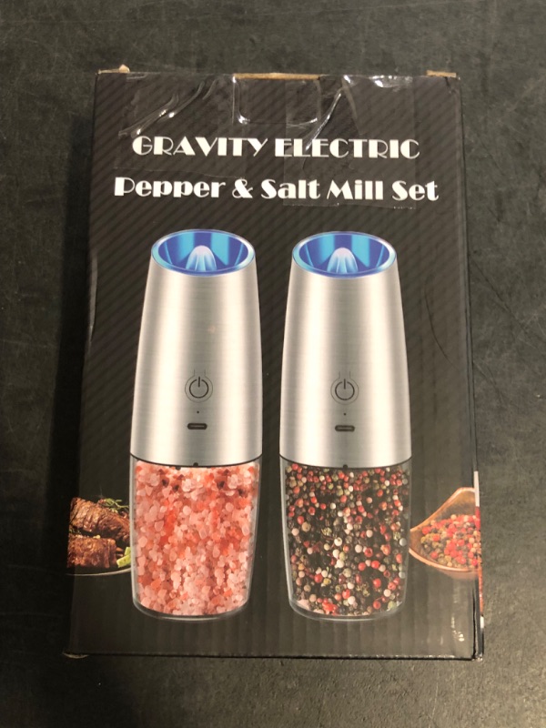 Photo 1 of Sweet Alice Rechargeable Electric Pepper and Salt Grinder Set, No Battery Needed, whit Gravity Sensing Switch and LED Light, One Hand Automatic Operation, Sliver 2 Pack