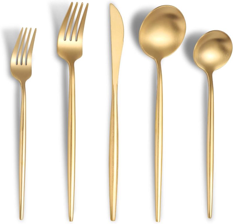Photo 1 of Matte Gold Silverware Set for 6,Modern Stainless Steel Brushed Cutlery Set,30-Pieces Heavy Duty Flatware Set,Knives Spoons and Forks Set Utensils Set,Satin Finish,Dishwasher Safe