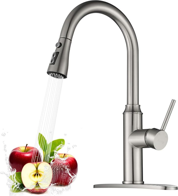 Photo 1 of Arofa Kitchen Faucet with Pull Down Sprayer, Brushed Nickel Kitchen Sink Faucet 1-3 Hole Single Handle High Arc Stainless Steel Commercial Modern Kitchen Faucets for RV/Laundry/Outdoor/Farmhouse Sink