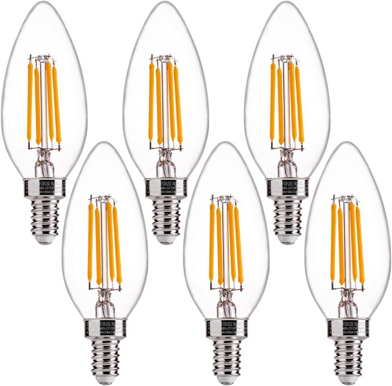 Photo 1 of FLSNT 60W Equivalent LED Chandelier Light Bulbs, Dimmable, E12 Base, Clear B11 LED Filament Candelabra Bulbs, 2700K Soft White, 6 Pack