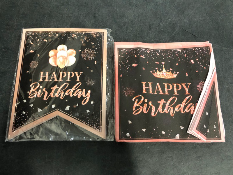 Photo 1 of Happy Birthday Pink and Black (Rose Gold) Napkins and Banner