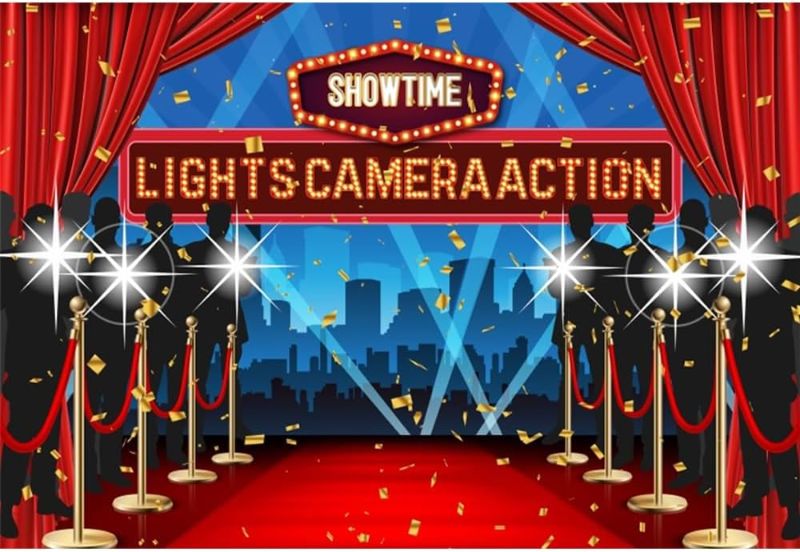 Photo 1 of Laeacco 10x8ft Lights Camera Action Backdrop Movie Night Theme Backdrop Red Carpet Dress-up Awards Ceremony Photography Background Adult Birthday Event Party Cake Table Decor Banner Photo Booth Prop