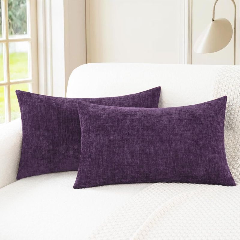 Photo 1 of CaliTime Throw Pillow Covers Decorative 12 X 20 Inches Pack of 2 Cozy Chenille Cushion Cases for Couch Sofa Bed Living Room Home Plum Purple