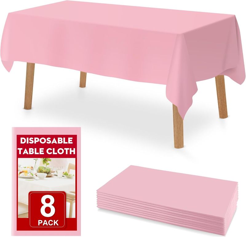 Photo 1 of 8 Pack Pink Plastic Table Cloths Disposable, 54 x 108 Inches Plastic Table Cover for Rectangle Tables, Disposable Tablecloth for Dinning, Parties, BBQ, Wedding, Outdoor