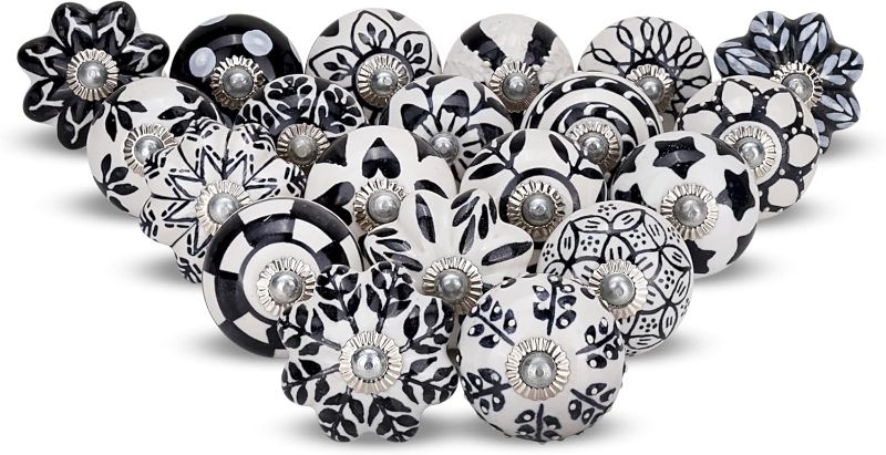 Photo 1 of Knobs for Cabinets and Drawers Assorted Black & White Ceramic Cupboard Wardrobe Furniture Knob Door Pull Handles for Dresser Kitchen Wardrobes Boho Home Interior Decor - Pack of 20