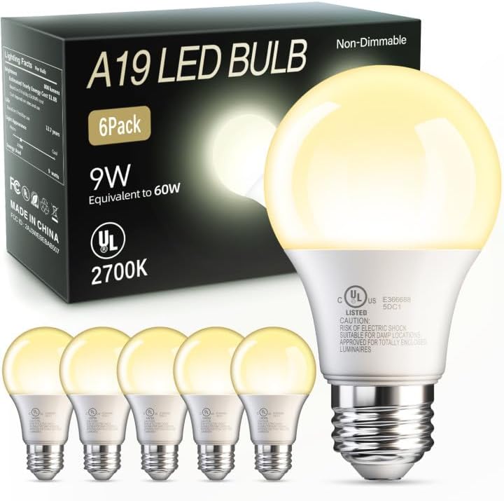 Photo 1 of TJOY 6 Pack A19 LED Light Bulbs, 60 Watt Equivalent LED Bulb, Soft Warm White 2700K, Efficient 9W, E26 Standard Base, Non Dimmable Energy Saving Lightbulb, 800LM, 80 CRI, 120V, UL Listed