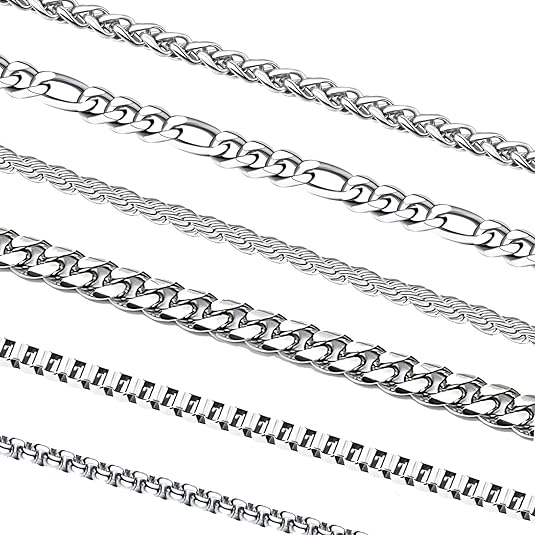 Photo 1 of 6 Pcs Silver Chains, Stainless Steel Cuban Link/Rope/Box/Figaro/Square Rolo/Wheat Chain Necklace Jewelry Set for Men Women