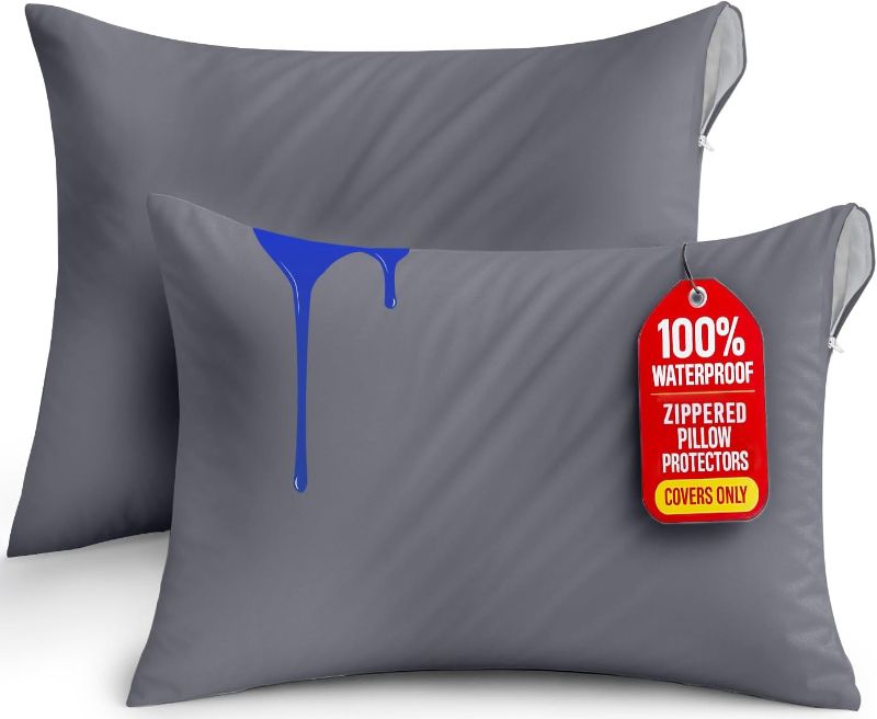 Photo 1 of Queen Utopia Bedding Waterproof Pillow Protectors Zippered Queen Size (2 Pack, Gray), Zippered Pillowcases, Bed Bug Proof Pillow Encasement Covers