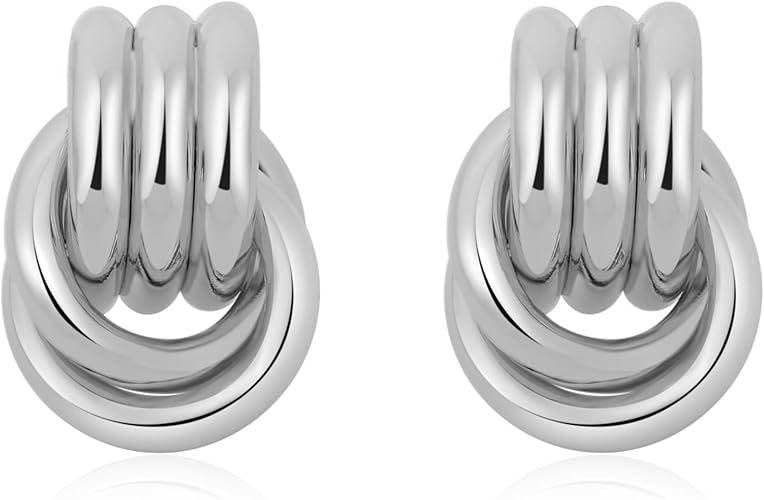 Photo 1 of Trendy Silver Plated Knot Earrings for Women Chunky Statement Drop Dangle Earrings Lightweight Hypoallergenic Fashion Accessories Jewelry Gifts for Womens