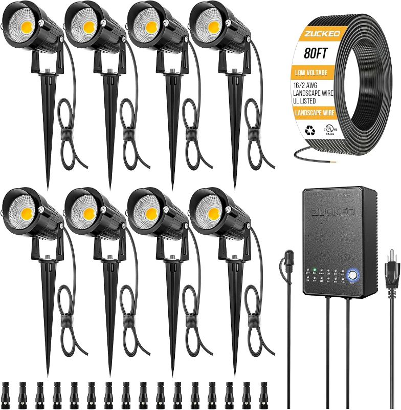 Photo 1 of ZUCKEO All-in-One Landscape Lighting Kit, 5W LED Low Voltage Landscape Lights with Transformer and 80FT Wire, Waterproof Outdoor Spotlight with Connectors for Yard Garden House, 3000K 12-24V 8Pack