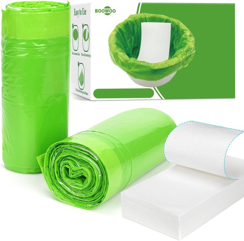 Photo 1 of *Missing Pads** BOOWOO Bedside Commode Liners with Absorbent Pads, 50 Disposable Commode Bags and 50 Pads, Scented Adult Potty Chair Liners, Portable Commode Poop Bags for Commode Chair, Bedpan, Bucket Toilet