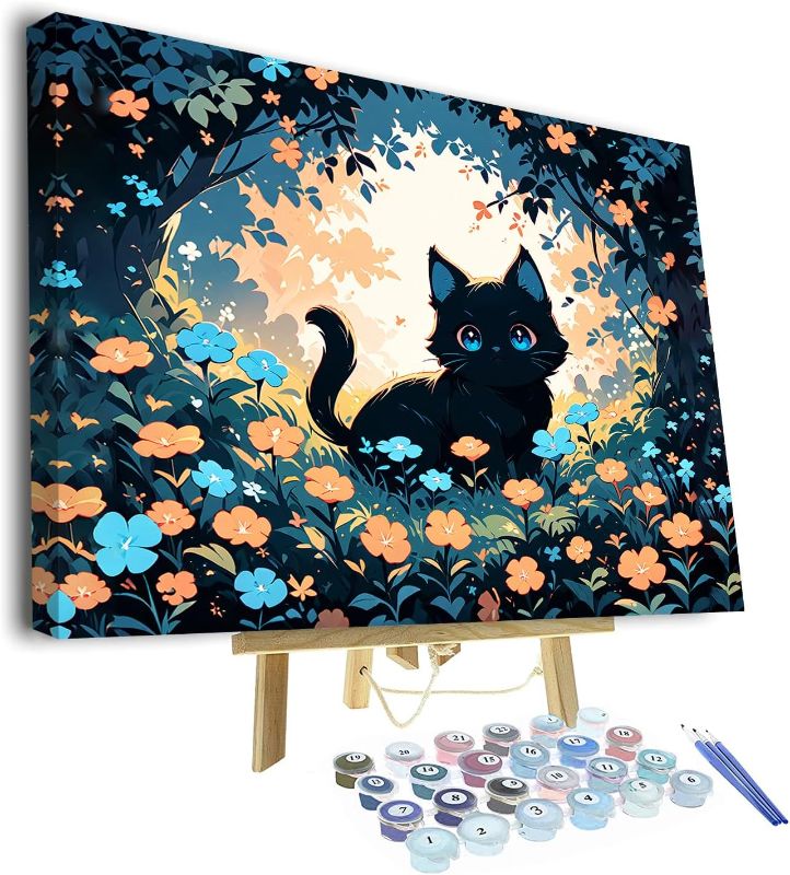 Photo 1 of Black Cat Paint by Numbers Flowers Adults' Paint-by-Number Kits DIY Animal Paint by Numbers for Adults Oil Hand Painting Canvas Art Crafts Home Bedroom Hallway Decoration 16x20 Inch Frame