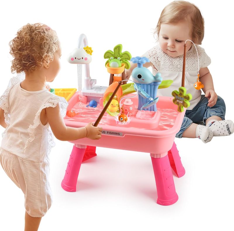 Photo 1 of 2026 Upgraded Toddler Sand Water Table Toy with Electric Water Pump, Kids Sand Water with Faucet/Play Food Accessories/Fishing Toy, Kitchen Play Sink Toys for Girl Boy Age 3+ (Pink)
