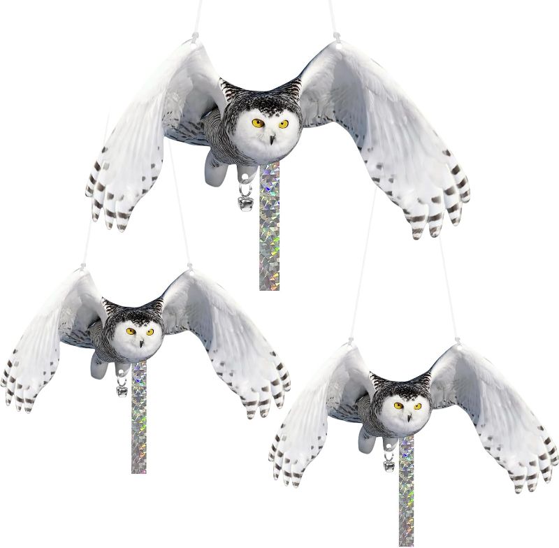 Photo 1 of Owls to Keep Birds Away: 3Pcs Fake Owls with Reflective Tape for Garden Patio, Reflective Hanging Decoration to Keep Birds Pigeon from Windows Tree
