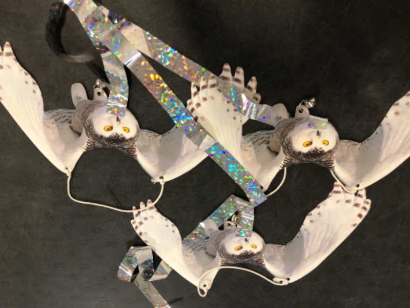 Photo 1 of Owls to Keep Birds Away: 3Pcs Fake Owls with Reflective Tape for Garden Patio, Reflective Hanging Decoration to Keep Birds Pigeon from Windows Tree
